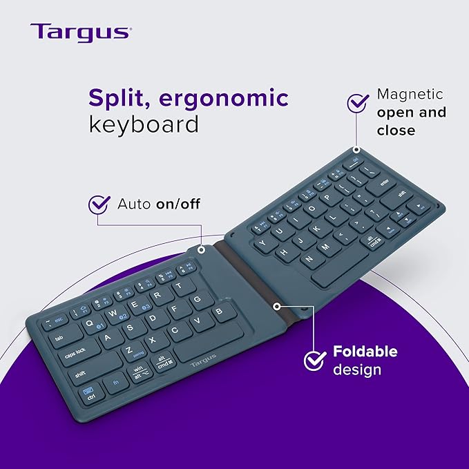 Targus Ergonomic Foldable Bluetooth Keyboard – Pocket-Sized, Split Ergonomic Design, Multi-Device Wireless Keyboard with DefenseGuard Protection - PKF00302US