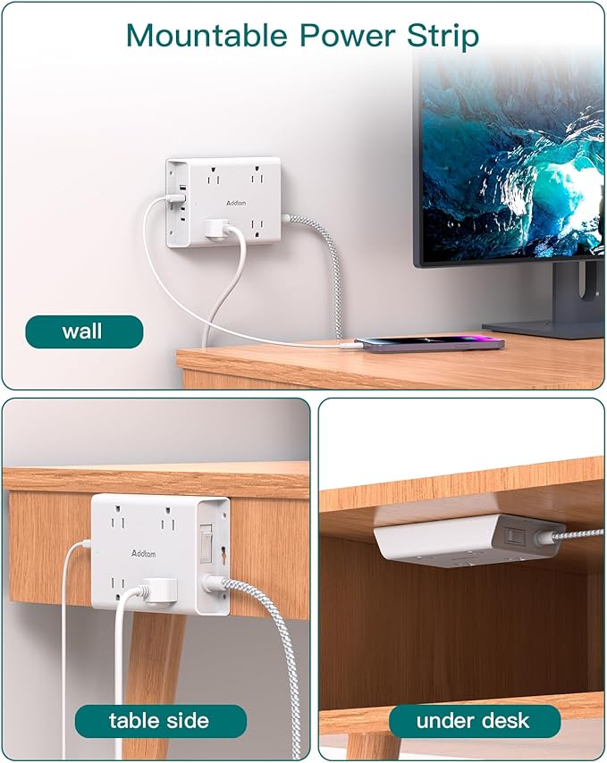 Surge Protector Power Strip 15 ft, Addtam Flat Plug Extension Cord with 4 USB Wall Charger(2 USB C Port), 4 Widely Outlets Desk Charging Station, Home Office and College Dorm Room Essentials