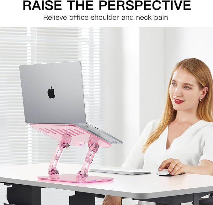 Pink Acrylic Adjustable Laptop Stand,Adjustable Height Foldable Laptop Riser for Desk, Clear Portable Laptop Holder Ergonomic Computer Stand,Compatible with 10-17.3” Laptops (Pink)