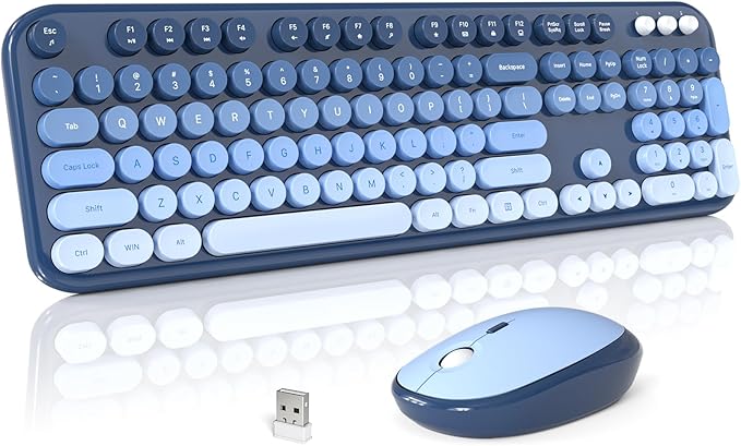 MOFII Wireless Keyboard and Mouse Combo, Cute Keyboard Full Size and Wireless Mouse, 2.4GHz Retro Typewriter Keyboard Mouse Set for PC/Desktop/Laptop/Windows (Azure Blue)
