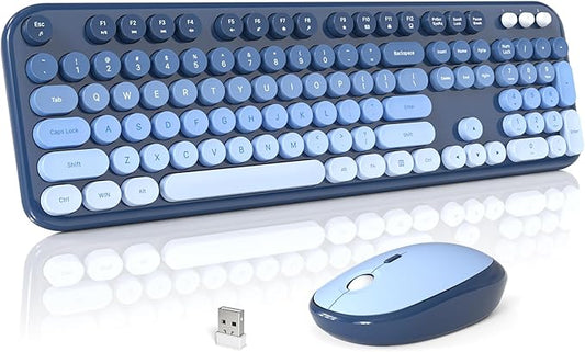 MOFII Wireless Keyboard and Mouse Combo, Cute Keyboard Full Size and Wireless Mouse, 2.4GHz Retro Typewriter Keyboard Mouse Set for PC/Desktop/Laptop/Windows (Azure Blue)