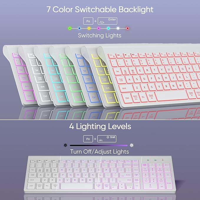 SABLUTE Wireless Keyboard with 7 Colored Backlits, Rechargeable Silent Compact Cordless Computer Keyboard with Low Profile Quiet Light Up Keys for Windows, PC, Linux, Chrome, Mac (White)
