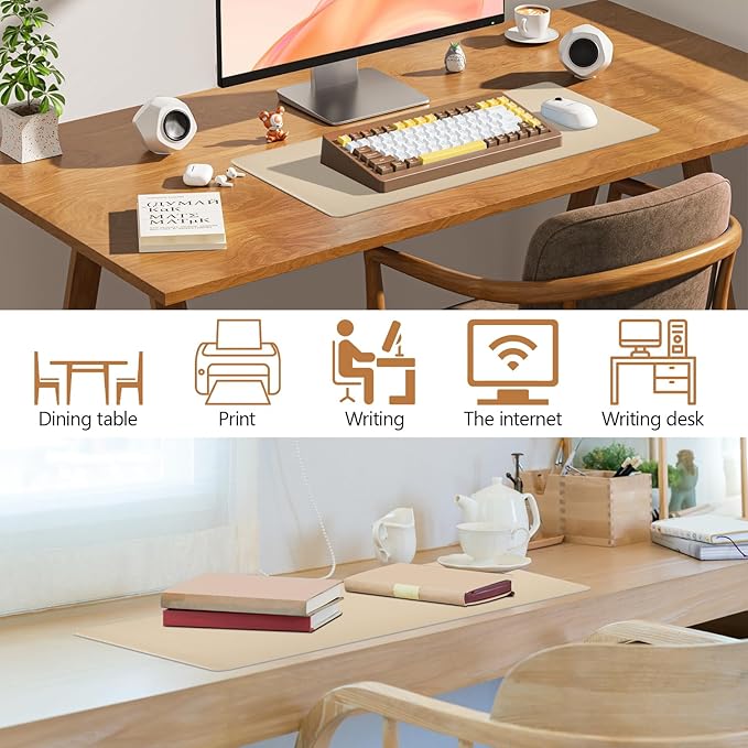 Beige Leather Desk Mat Large Mouse Pad, Waterproof Desk Pad for Keyboard and Mouse, Non-Slip Computer Desk Protector, Smooth Mouse Movement Desk Mat for Home and Office(23.6"×13.8")