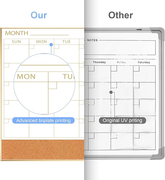 ARCOBIS Large Dry Erase Calendar with Cork for Wall, 48"x 30" Magnetic Calendar Whiteboard with Gold Frame, Monthly Combination Board for School, Home, Office