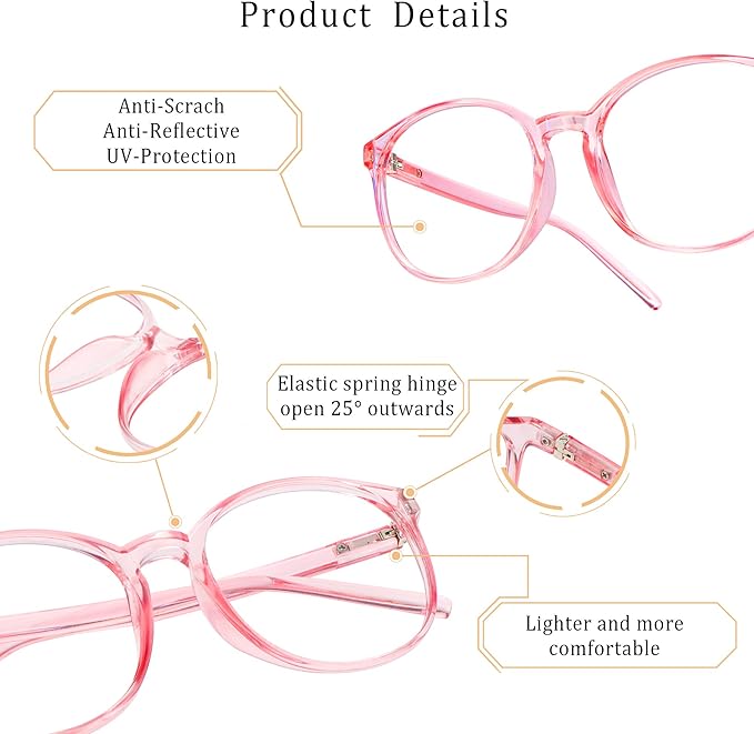 LifeArt Round Blue Light Blocking Glasses, Computer Glasses, Gaming Glasses, TV Glasses for Women Men (Clear Pink, 2.00 Magnification)