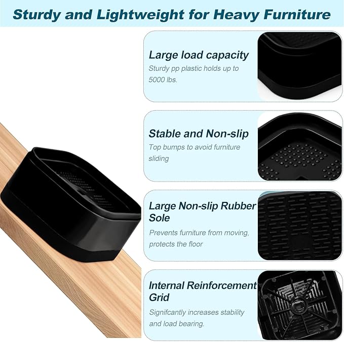 8 Pack Furniture Risers, Adjustable Bed Risers Heavy Duty Stackable Bed Raisers for Table Desk Couch Chair Sofa Cabinet Bed Legs Lift Height 1" (8, Black-2)