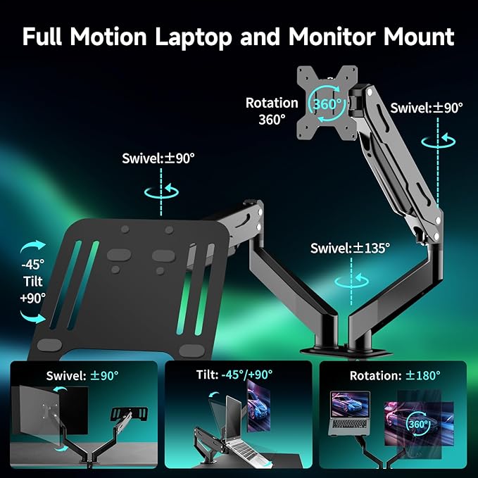 Pholiten Monitor and Laptop Mount for Max 32” Screen and 17” Notebook, Dual Monitor Mount Holds up to 22lbs,Laptop Tray Stand with Gas Spring Arm