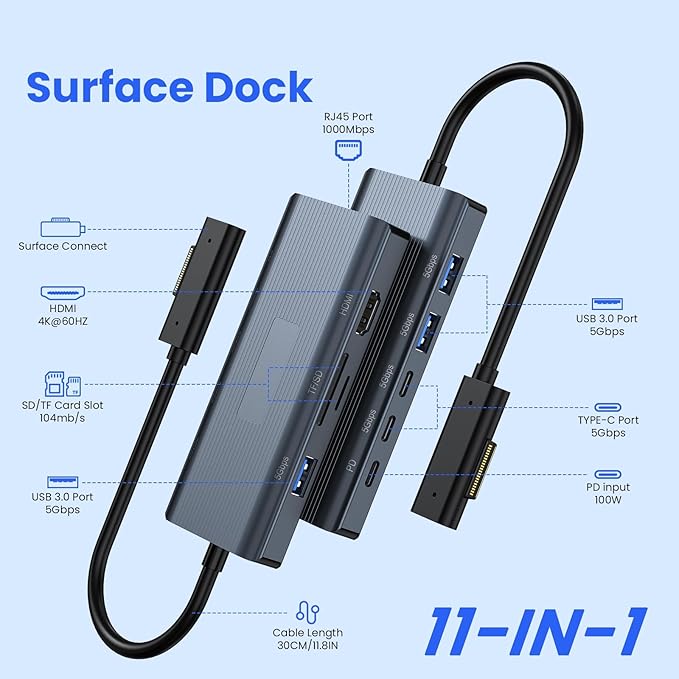 11-in-1 Surface Pro Docking Station, New Surface Dock 4K@60HZ HDMI, Surface Docking Station for Surface Pro 11/10/9/8/X/7/6/5/4/3, Surface Laptop 6/5/4/3/2/1, Surface Laptop Go 3/2/1, Surface Book