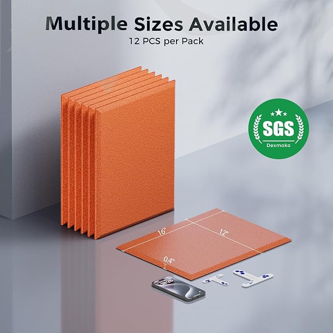 Self-Adhesive Acoustic Panels [390 lbs/yd³ Ultra-High Density], 2nd Generation Sound Absorbing Panel, Professional Level Sound Panel, Polyester Soundproof Foam [Rectangle, Orange]