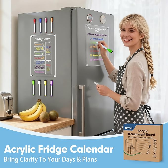 Grtard Acrylic Fridge Calendar Dry Erase Board, 2 Pack Acrylic Calendar for Fridge, 12''x8'' Weekly & Blank Clear Magnetic Planner Whiteboard for Refrigerator with 8 Colorful Markers