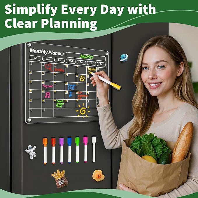 FINDMAG Acrylic Magnetic Dry Erase Board for Fridge, 16"x12" Magnetic Calendar for Refrigerator, Shopping List for Fridge, Clear Notepad Note for Adults with 8 Colors Markers