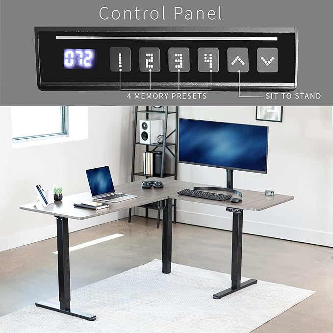 VIVO Corner Standing Desk, 63 x 55 inch Reversible L-Shaped Workstation, Electric Height Adjustment, Home, Office, and Reception Rooms, Dark Gray Table Top Black Frame, DESK-E3CTG