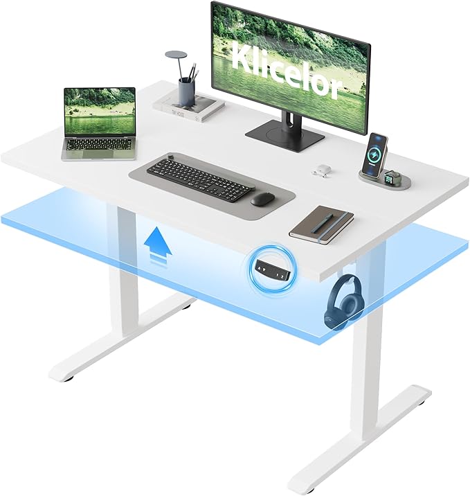 Klicelor 40 Inch Electric Standing Desk, Height Adjustable Office Desk, Sit Stand Up Computer Desk with Memory Preset, Two-Piece Desktop, White
