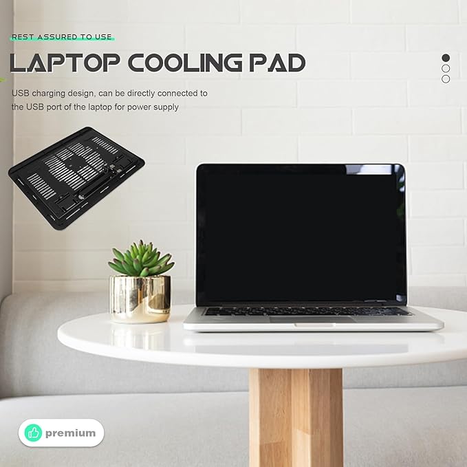 Silent Laptop Cooling Pad with Anti-Slip Fan Cooler and Adjustable Stand for Gaming Notebooks, Black, Suitable for Desktop and Travel Use