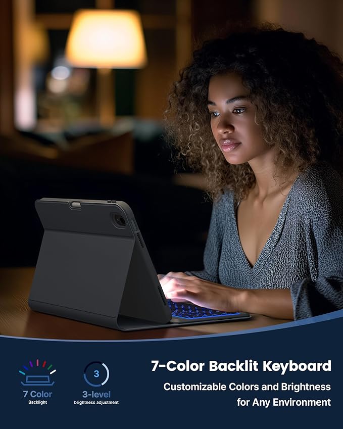 typecase Folio Keyboard Case for iPad 10th Gen 10.9 inch (2022) and iPad 11th (A16, 2025), Magnetic Wireless Detachable Keyboard, 7-Color Backlight, Thin & Light, Pencil Holder – Charcoal Gray