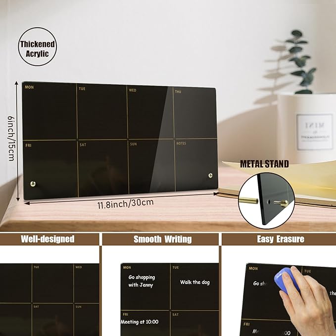 Black Acrylic Desktop Weekly Planner Whiteboard with Stand,Weekly Calendar Whiteboard for Desk-12 X6-Small,Dry Erase Weekly to Do List Board for Home Office School-ZMZL-B-1530