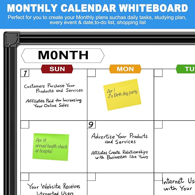 Calendar Whiteboard for Wall 24" x 18", Monthly White Board Calendar Dry Erase with Black Aluminum Frame, Dry Erase Board for Office Home and School