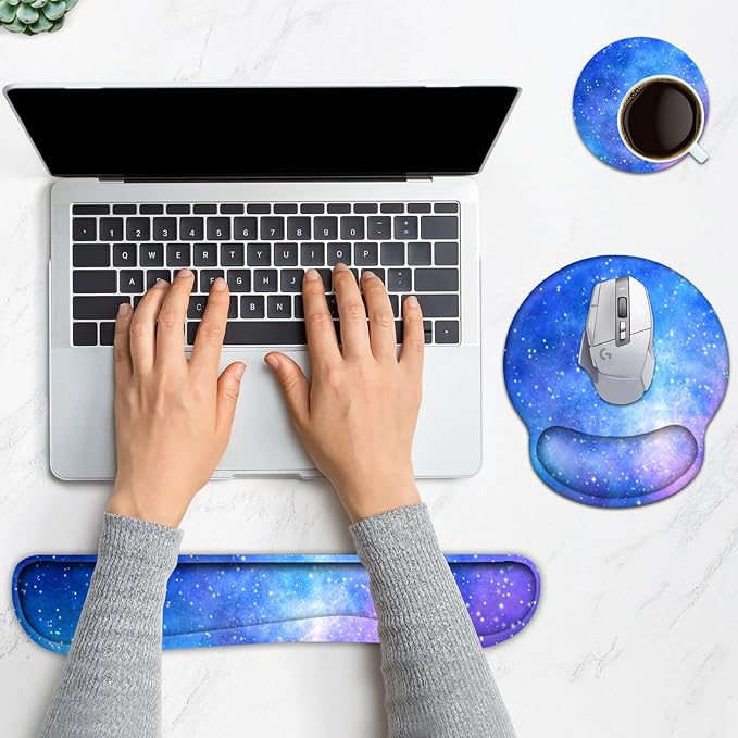Keyboard Wrist Rest, Ergonomic Mouse Pad Wrist Support, Memory Foam Wrist Rest, Anti-Slip Base, Mousepad with Coaster for Computer Keyboard Office Home, Nebula Galaxy