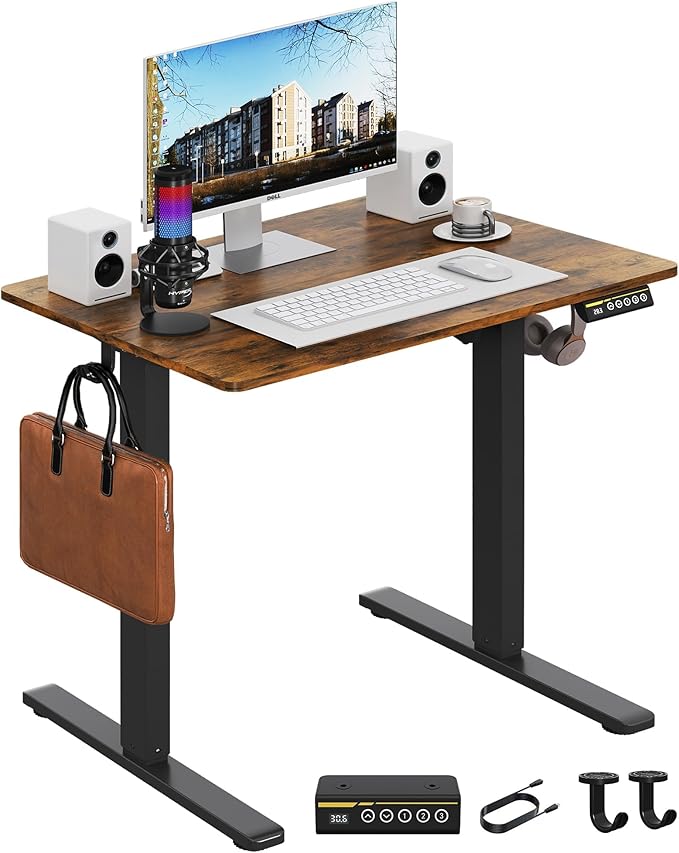 Electric Standing Desk,32x24 Inches Adjustable Height Stand up Desk, Sit Stand Home Office Desk with Splice Board, 3 Preset Heights,Equipped with Hooks,Ergonomic Computer Desk Workstation，Brown