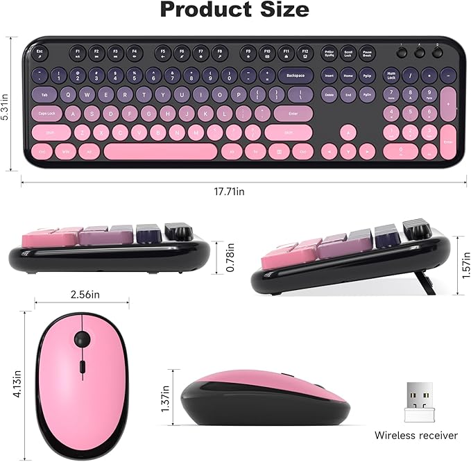 Wireless Keyboard Mouse Combo - Lovely CherryPink-Gradient Rainbow Full-Sized Typewriter Colorful Keyboards, Round Keycap Plug Play Retro Cute Keyboards for Windows, Laptop, PC, Desktop, Computer