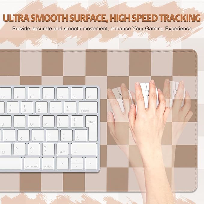 Big Desk Pad Mouse Pad, Large Gaming Mouse Mat with Stitched Edges, Non-Slip Waterproof Rubber Base Mous Mat for Office Computer Keyboard Laptop Home Decor (35.4X17.5 in), Milk Tea Brown Checkered