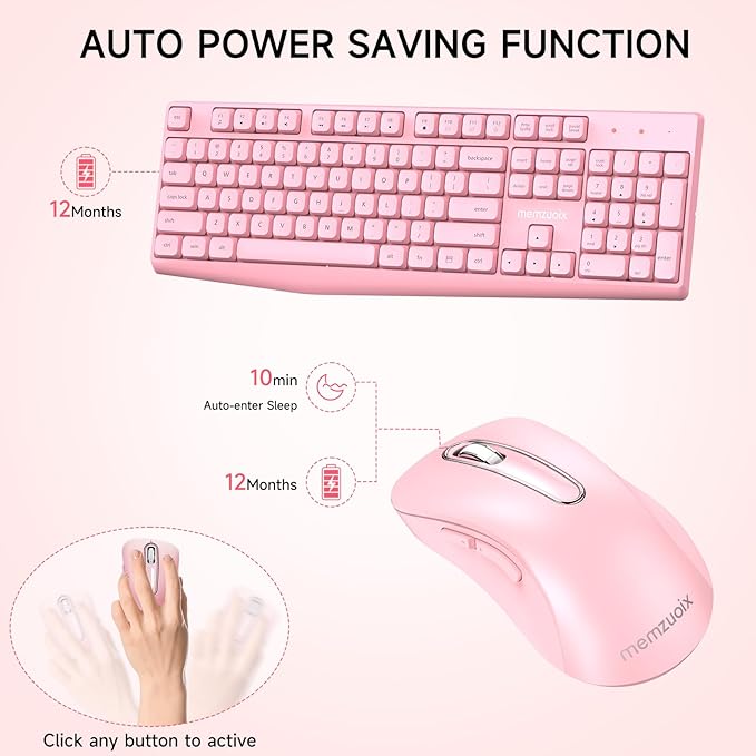 Wireless Keyboard and Mouse Combo, memzuoix 2.4G Full-Size Ergonomic Keyboard Mouse Set, Lag-Free Cordless One USB Receiver for PC, Laptop, Windows, Mac (Pink Keyboard + Pink Mouse)