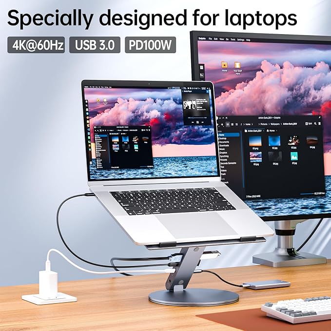USB C Laptop Docking Station, 6 in 1 USB C Hub 4K@60Hz HDMI, 100W PD, 5Gbps Ports, 360° Rotating Adjustable Laptop Stand for MacBook Pro/Air Dell HP Lenovo, Universal Desk Dock - Gray