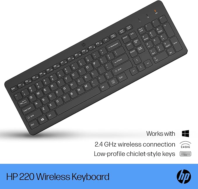 HP 220 Wireless Keyboard - 2.4GHz Connectivity w/Data Encryption - Low-Profile Chiclet Keys - Win/Mac - Laptop, PC Compatible - Shortcut Keys & Num Pad - LED Num, Caps, & Scroll Lock (‎‎805T2AA#ABA)