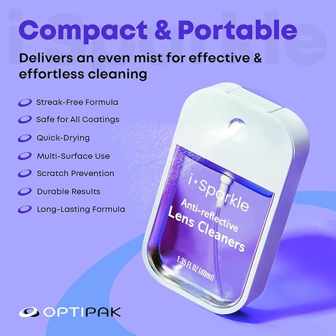 I-Sparkle Anti-Reflective Lens Cleaner Spray kit | (2x) 1.35oz Glasses Cleaner Spray + (2x) Microfiber Cloth for Eyeglasses, Sunglasses, Lenses, Screens and Camera Cleaning Kit (4 Piece Set)
