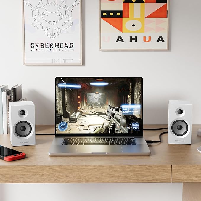 Powered Bookshelf Speakers HiFi Computer Gaming Monitors with Bluetooth 5.3 & 24-Bit USB DAC Stereo Speaker PC Speakers 3.5" Woofer,1" Silk Dome Tweeter, Adjustable Bass/Treble BT16 - White