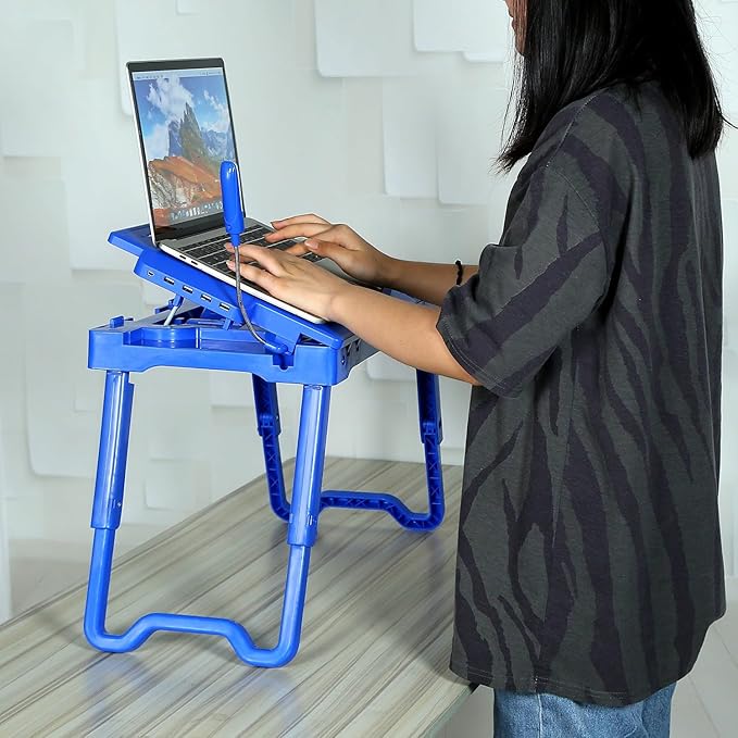 Foldable Laptop Table with Cooling Fan, LED Light, 4 x USB Ports, Mouse Pad & Storage Groove for Laptop Use in Home Office
