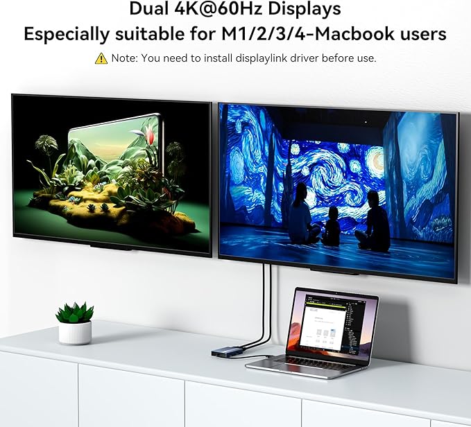 ACASIS USB C to Dual HDMI DisplayLink Adapter, 4K@60Hz, 2 HDMI & 3 USB-A Ports, 100W PD Charging, USB C DisplayLink Docking Station for Mac M1/M2/M3/Windows,USB A/C to Dual Monitor Adapter