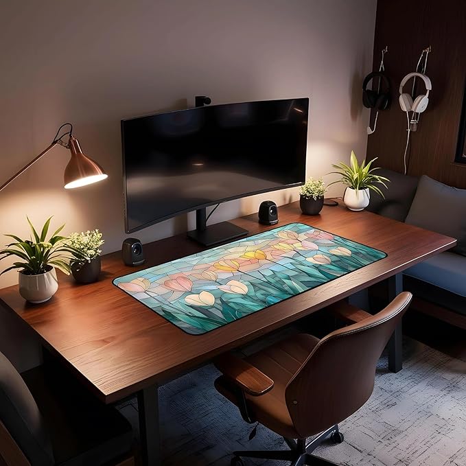 Faux Colorful Glass Desk Mat, Tulip Long Mouse Pad, Large Gaming Computer Keyboard Mats, Soft Full Deskamt, Office Desktop Cover Pad, Aesthetic Desk Accessories, Suitable Women 31.5"X15.7"