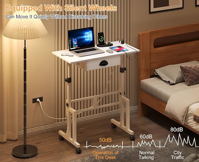 Small Adjustable Height Standing Desk with Storage Drawers, Rolling Sit Stand Up Desk with Wheels Charging Station, Adjustable Mobile Portable Table for Walking Pad Laptop Treadmill Computer