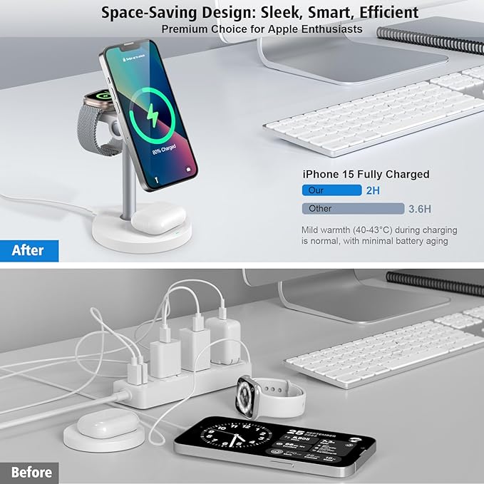 3 in 1 Magnetic Wireless Charging Station, 15W Fast Charger Stand for iPhone, Phone Charger Stand for Desk Nightstand, Compatible with iPhone 17/16/15/14, Apple Watch & AirPods, Adapter Not Included