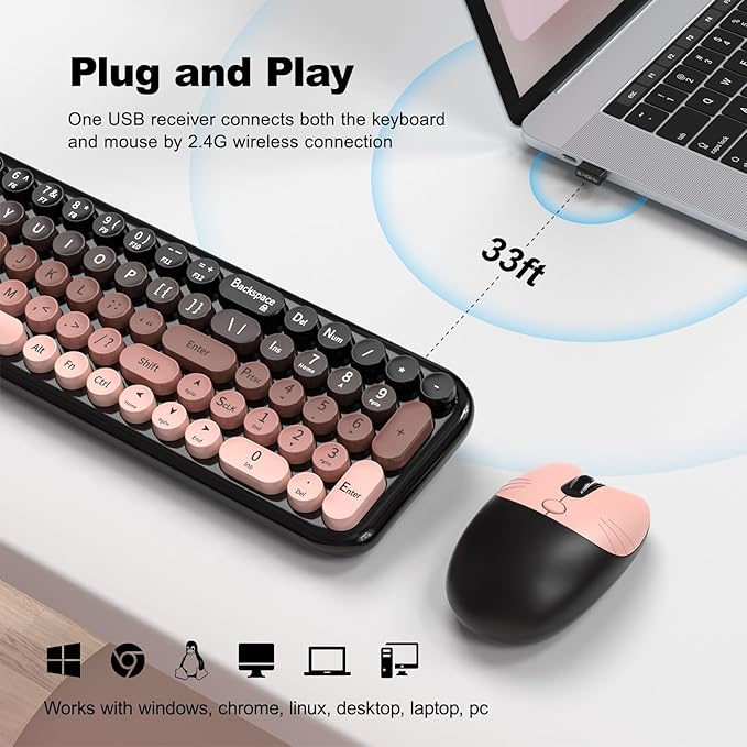 Wireless Keyboard Mouse Combo, Portable Retro Keyboard with Compact Size, 2 in 1 USB Connected Mouse for Windows PC, Laptop, Computer, Desktop, Home and Office Use