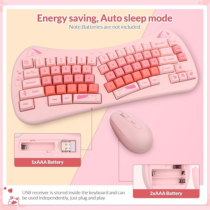 Cute Cat Keyboard and Mouse Wireless, Cat Theme, Silent Keys, Pinkish Colors, Ergnomic Split Keyboard and Optical Mouse with 2.4G USB Receiver, for Windows/Mac/PC/Laptop