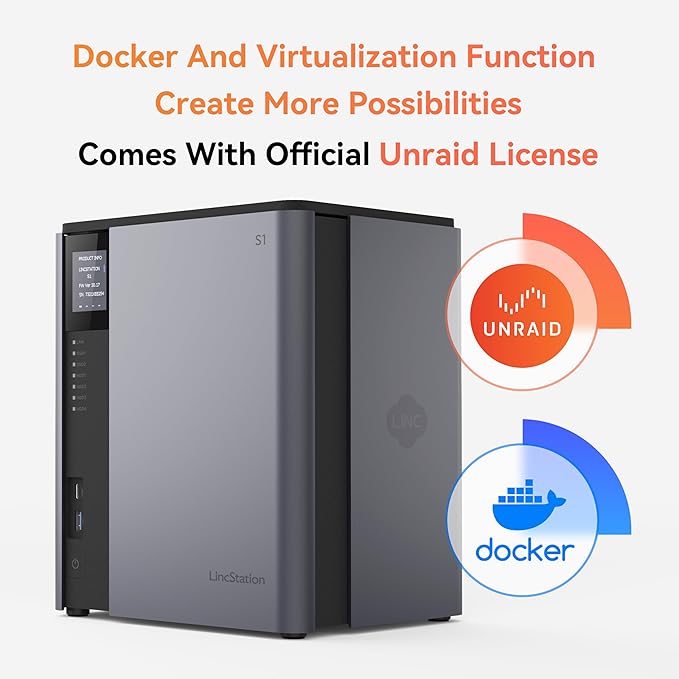 LincStation S1 6-Bay Desktop NAS - Intel N97 Quad-Core, 8GB DDR5 RAM (up to 16GB), 128GB eMMC, 4X SATA HDD + 2X M.2 NVMe SSD, Dual 2.5GbE, Unraid License Included, Network Attached Storage(Diskless)