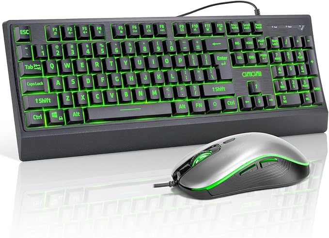 USB Wired Keyboard and Mouse Combo with Red-Yellow-Green LED, Silent Gaming Keyboard with 12 Mulitmedia Keys, Light Up Large Print for Elderly, Low Vision, RGB Backlit Mouse for PC Computer PS5 Laptop