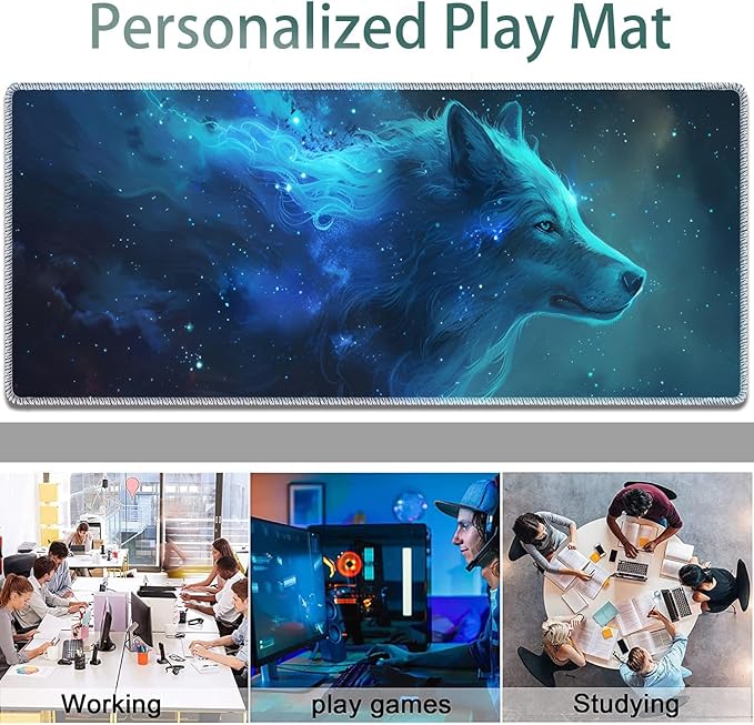 Large Gaming Mouse Pad + Keyboard Wrist Rest + Wrist Support + Coaster Set, Memory Foam Ergonomic for Easy Typing, XXL Extended Gaming Mouse Pad Table Pad - Nebular Wolf