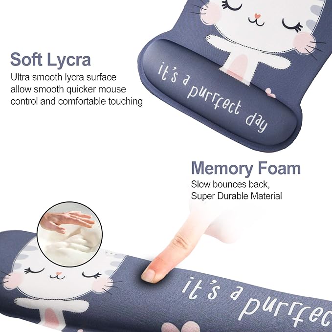 ToLuLu Keyboard Mouse Pad Wrist Rest, Gel Ergonomic Mouse Pads for Computer Laptop Office Home, Comfortable Mousepad Keyboard Wrist Support Memory Foam for Easy Typing Pain Relief, Cute Cat