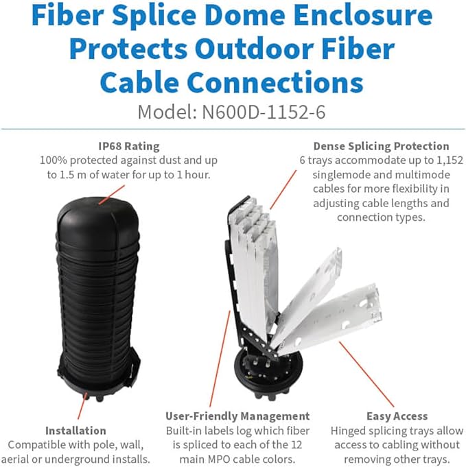 Eaton Tripp Lite Fiber Optic Splicing Enclosure, Fiber Splice Dome, 1152 Fiber Capacity Single Mode & Multimode, 6 Cable Trays, Outdoor IP68 Rated, Lifetime Manufacturer's Warranty (N600D-0144-6)