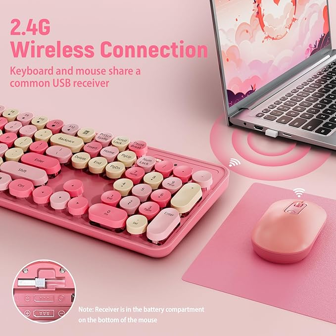 Wireless Keyboard and Mouse Combo, Round Keycaps, Retro Typewriter Keyboard Silent, Auto Sleep, 2.4G Wireless Connection for PC/Windows/Mac (Pink)