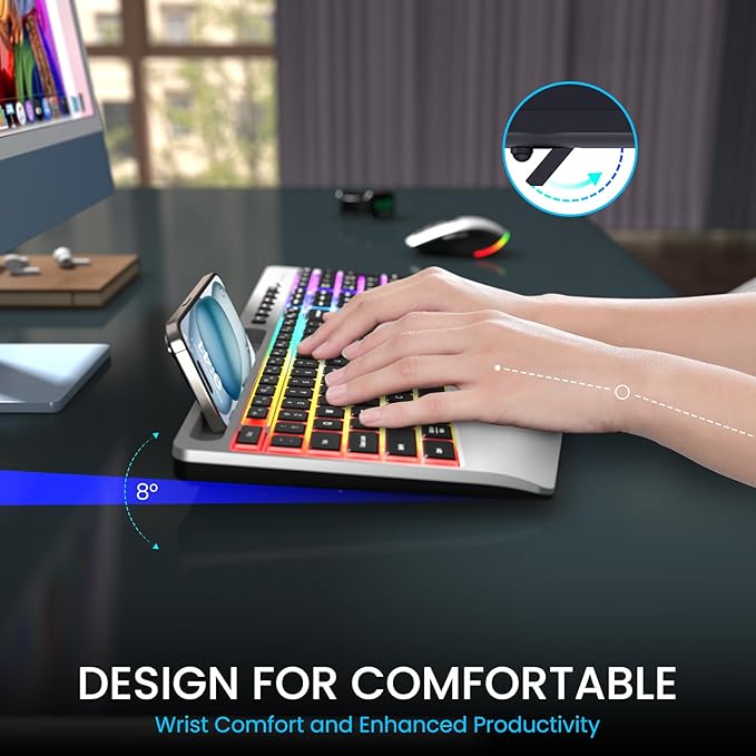 Silver Wireless Keyboard and Mouse Combo - Dual System RGB Backlit Mouse and Keyboard Advanced Optical Tracking, Lag-Free Wireless,Ergonomic Keyboard, 90% Less Noise Silver-V1