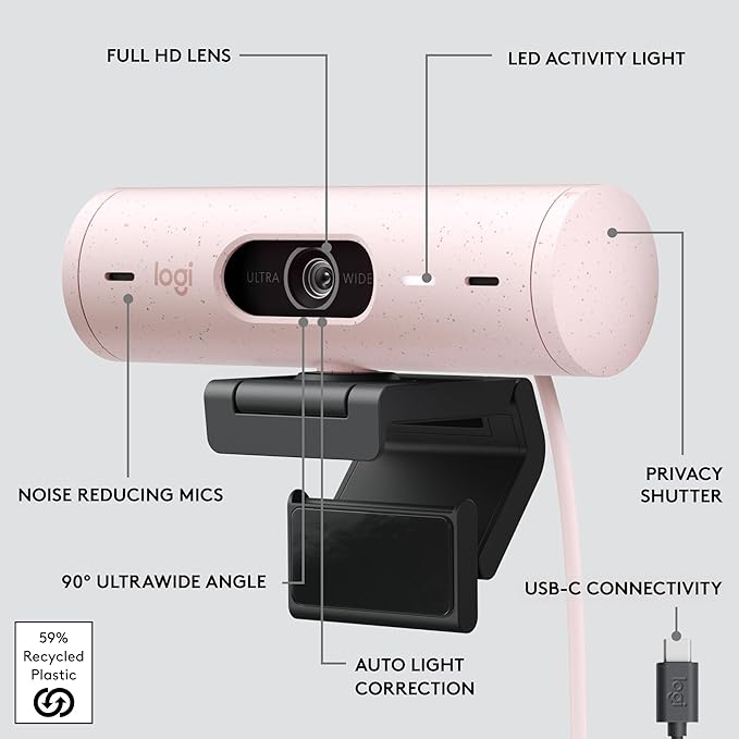 Logitech Brio 500 Full HD 1080p Webcam with Auto Light Correction, Dual Noise Reduction Mics, Privacy Cover, Works with Teams, Meet, Zoom - Rose