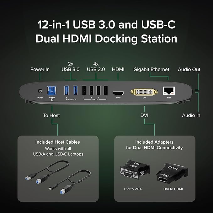 Plugable USB 3.0 Universal Docking Station for Windows, macOS, ChromeOS (Dual HDMI Monitors or DVI/VGA, Gigabit Ethernet, Audio, 6 USB Ports)