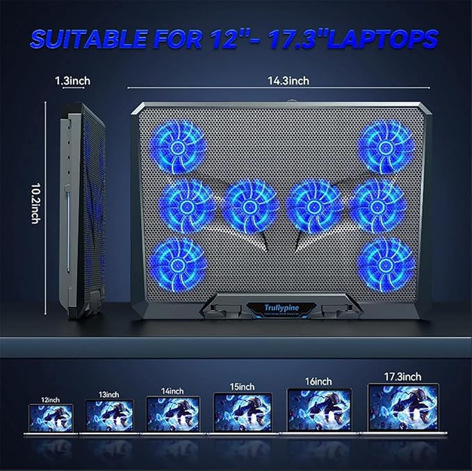Laptop Cooling pad for Hp Chromebook x360 11 G4 Education Edition Gaming laptops, Laptop Cooler with 8 Fan, Adjustable Speed, 5-Level Height Adjustment, Mute Silent,2 USB-A Port，Built-in Phone Stand
