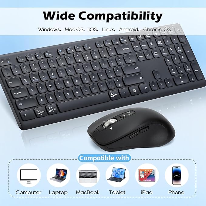Wireless Keyboard Mouse Combo, Scissor-Switch Keys, 2-in-1 USB Receiver and Two Bluetooth, Multi Device Silent Design for Computer, Laptop, MacBook and iPad (Pure Black)