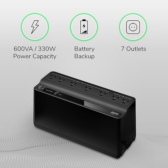 APC UPS 600VA / 330W UPS Battery Backup & Surge Protector, 7 Outlets (NEMA 5-15R), USB Charging Port, BE600M1 Uninterruptible Power Supply for Computers, Wi-Fi Routers, and Home Office Electronics