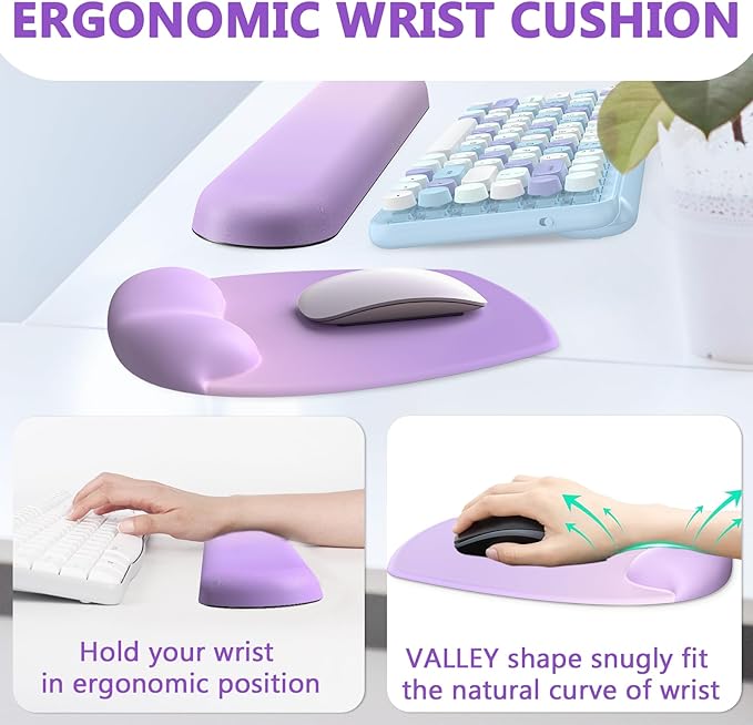 AKIT Ergonomic Mouse Pad with Wrist Rest& Keyboard Wrist Rest, Wrist Rest for Computer Keyboard, Pain Relief, Non-Slip Rubber Base, Mousepad Wrist Support for Gaming, Office, Gradient Violet